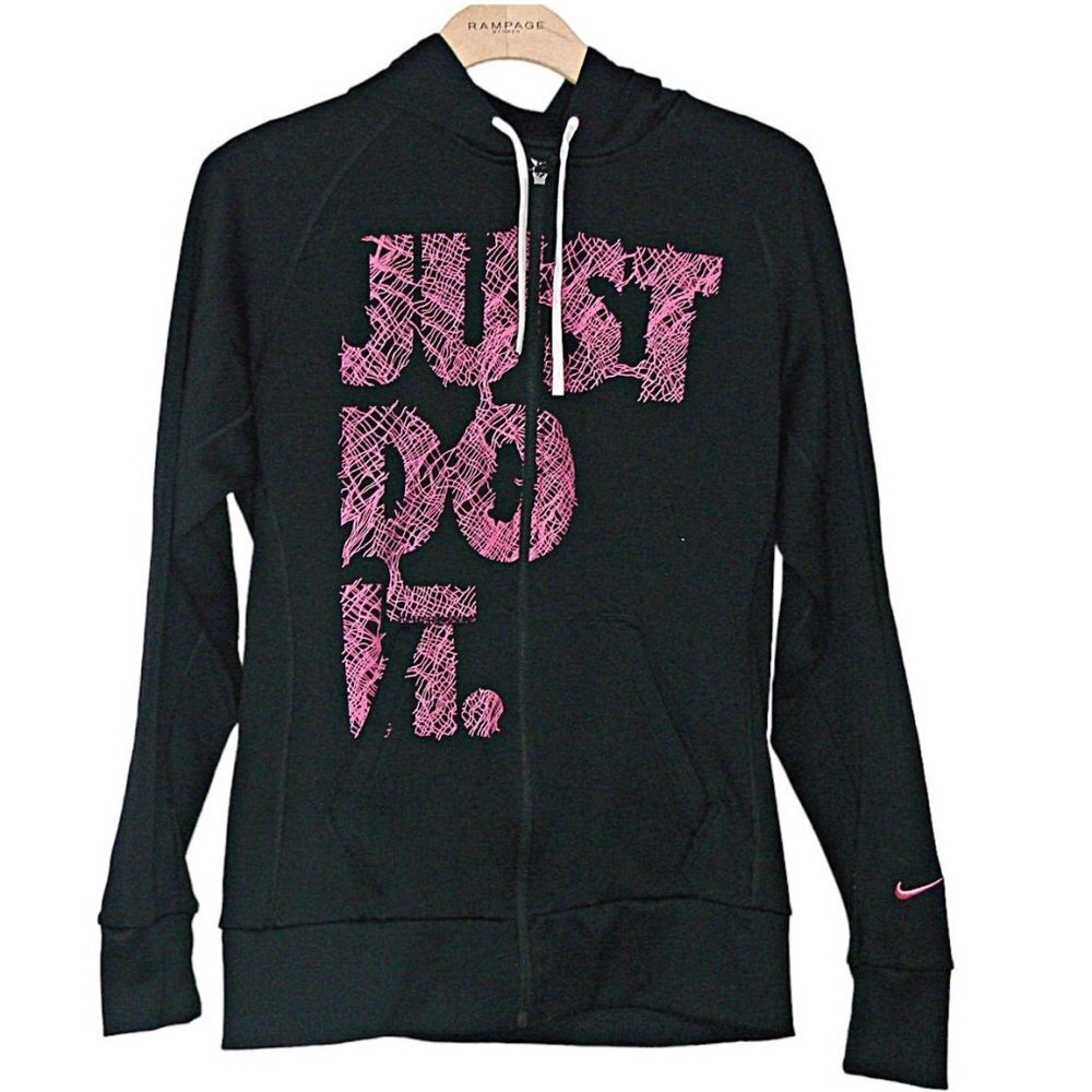 Womens Nike Therma Fit Zip Front Hoodie JUST DO IT Graphic Black Pink Size Small
